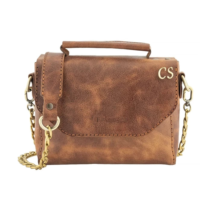 İsme Özel Çıtçıtlı Zincirli Küçük Boy El Omuz Çantası - %100 Deri - AC03001