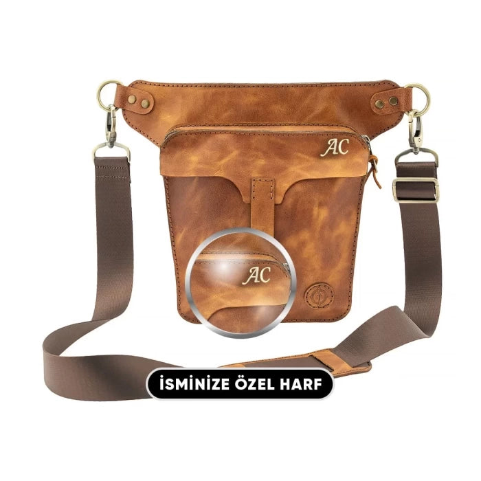 İsme Özel All in One Bel ve Bacak Çantası - %100 Deri - Camel
