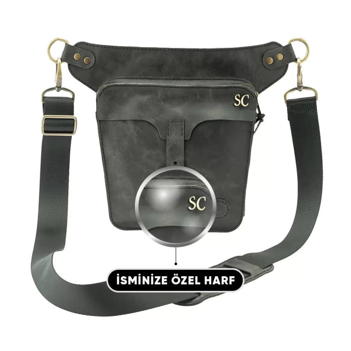 İsme Özel All in One Bel ve Bacak Çantası - %100 Deri - Camel