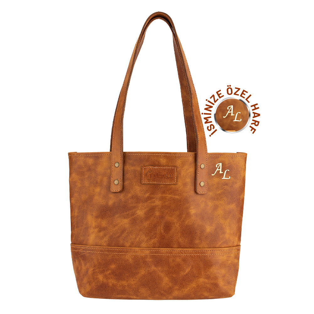 İsme Özel Tote Bag El Omuz Çantası - %100 Rainbow Deri - AC03003 - Camel