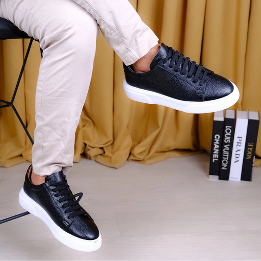 Kişiselleştirilebilir Kalın Ortopedik Tabanlı %100 Deri Sneaker Spor Ayakkabı - Siyah - Beyaz